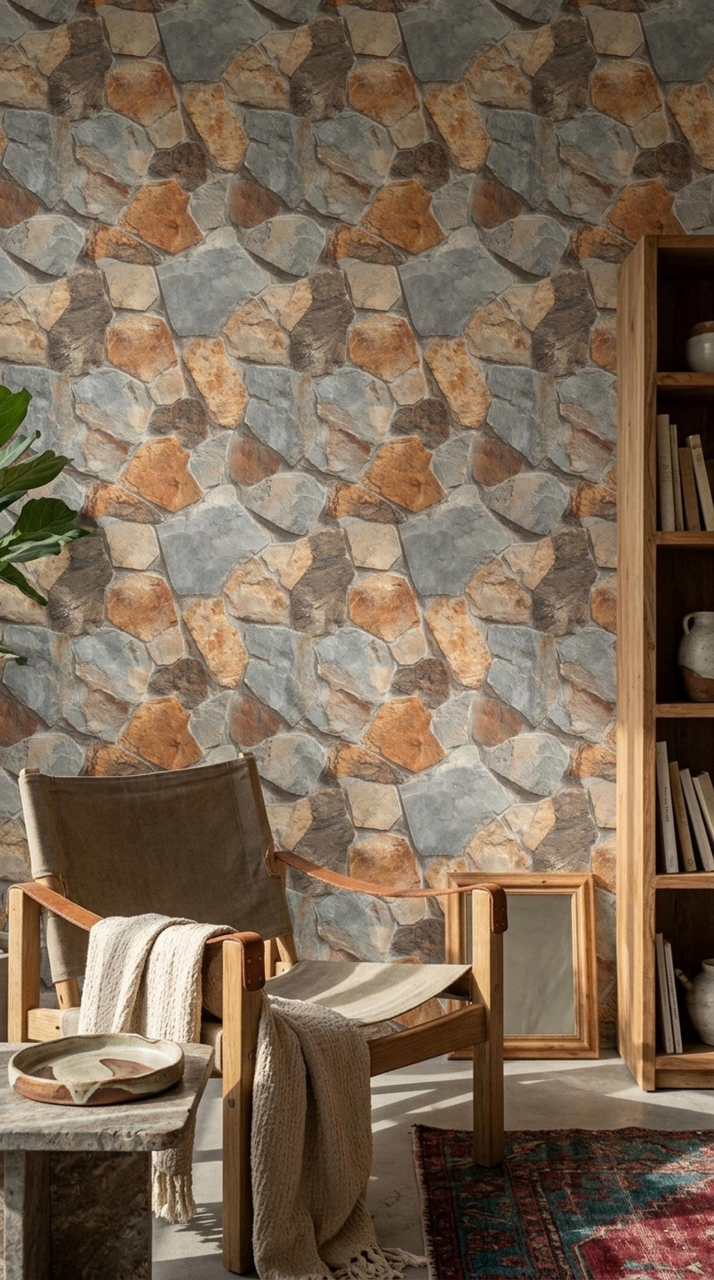 Rustic Stone Wall Wallpaper Faux Rock Pattern Natural Stacked Stone Cabin Lodge Decor