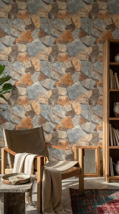 Rustic Stone Wall Wallpaper Faux Rock Pattern Natural Stacked Stone Cabin Lodge Decor