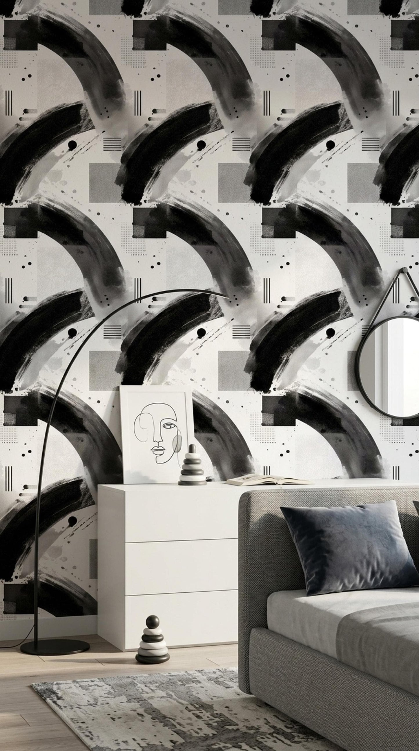 Black White Abstract Wallpaper Modern Minimalist Geometric Contemporary Wall Decor