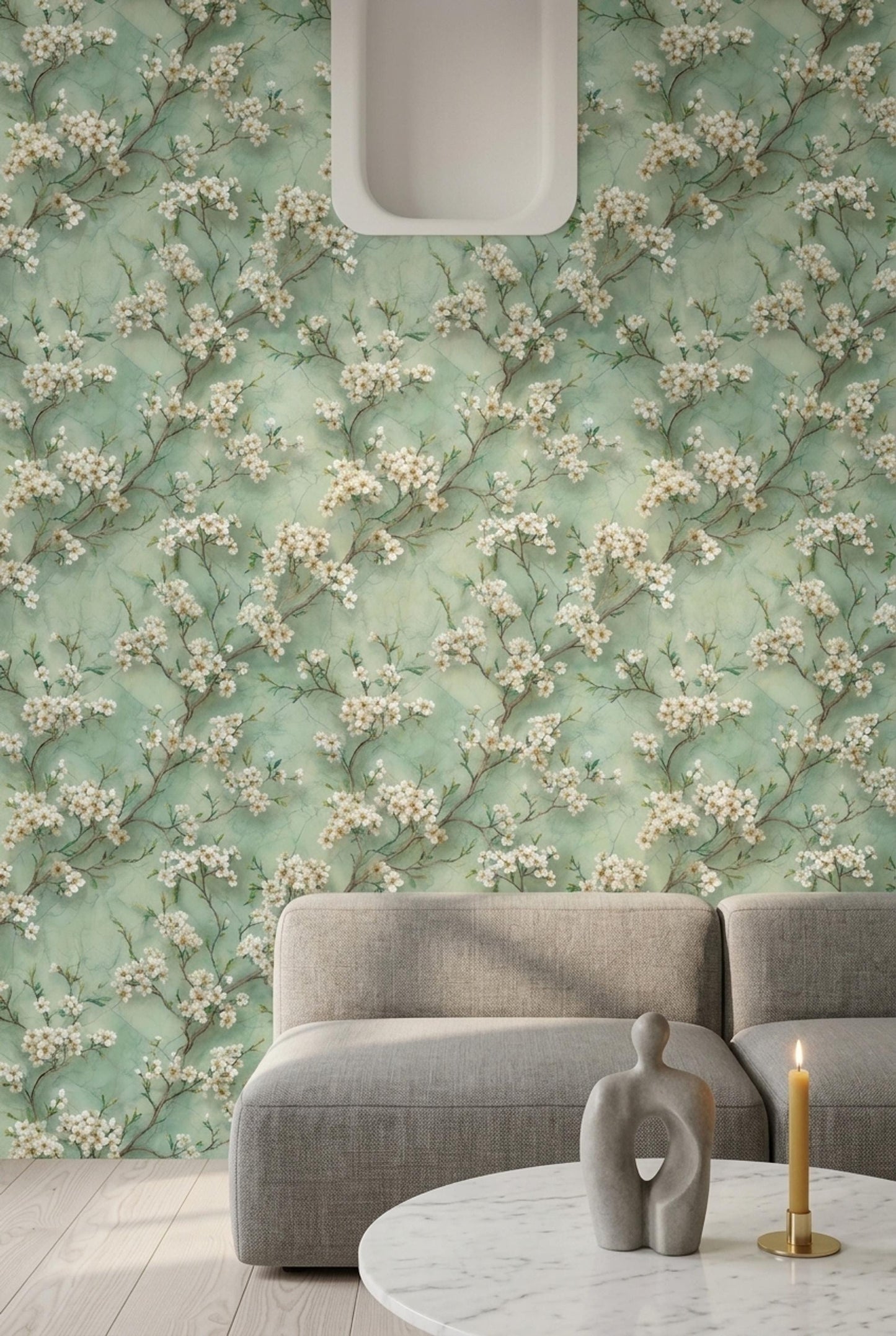 Cherry Blossom Wallpaper Sage Green Floral Pattern Botanical Wall Decor