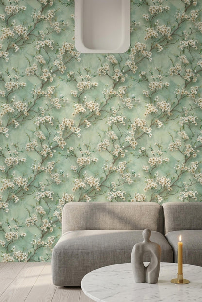 Cherry Blossom Wallpaper Sage Green Floral Pattern Botanical Wall Decor