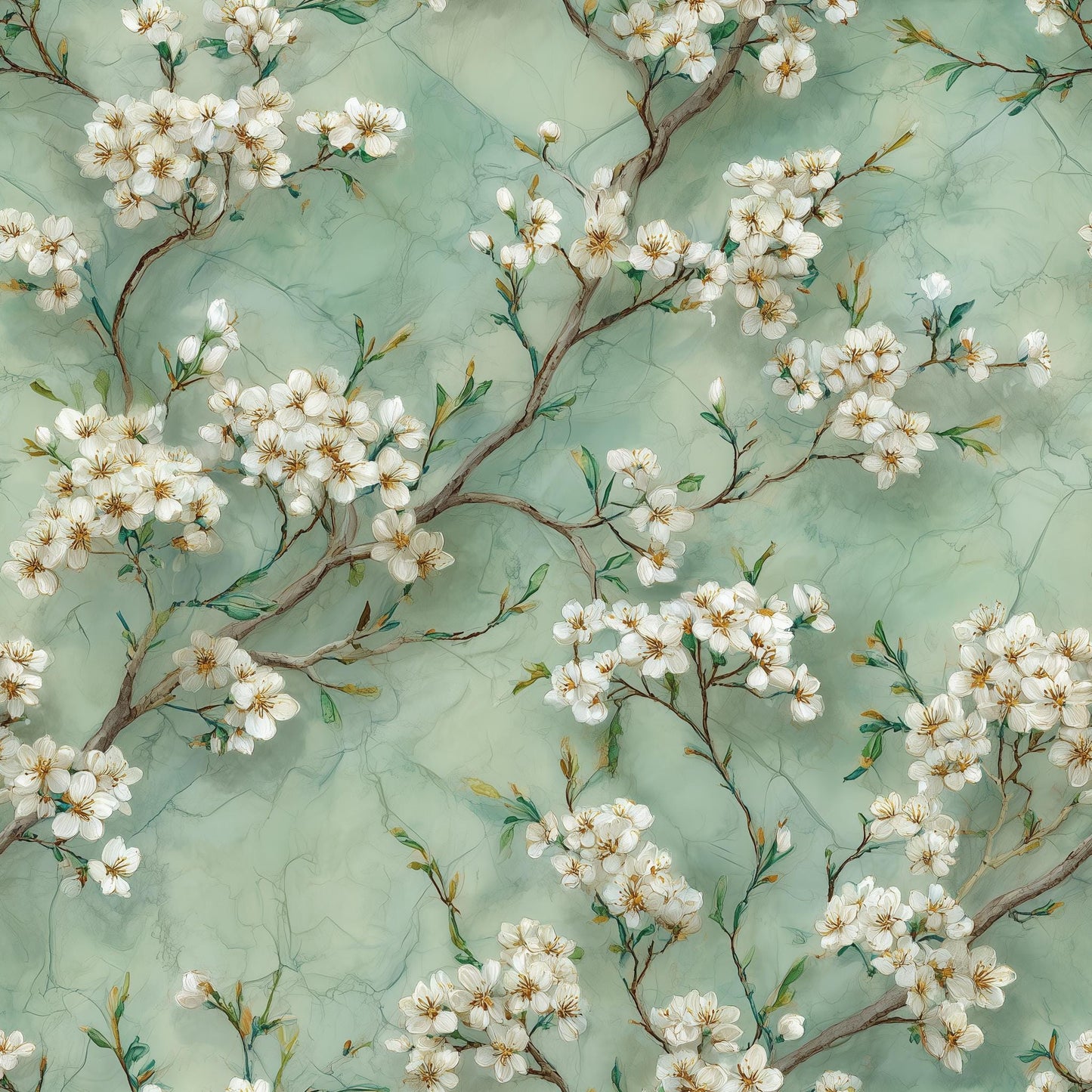 Cherry Blossom Wallpaper Sage Green Floral Pattern Botanical Wall Decor