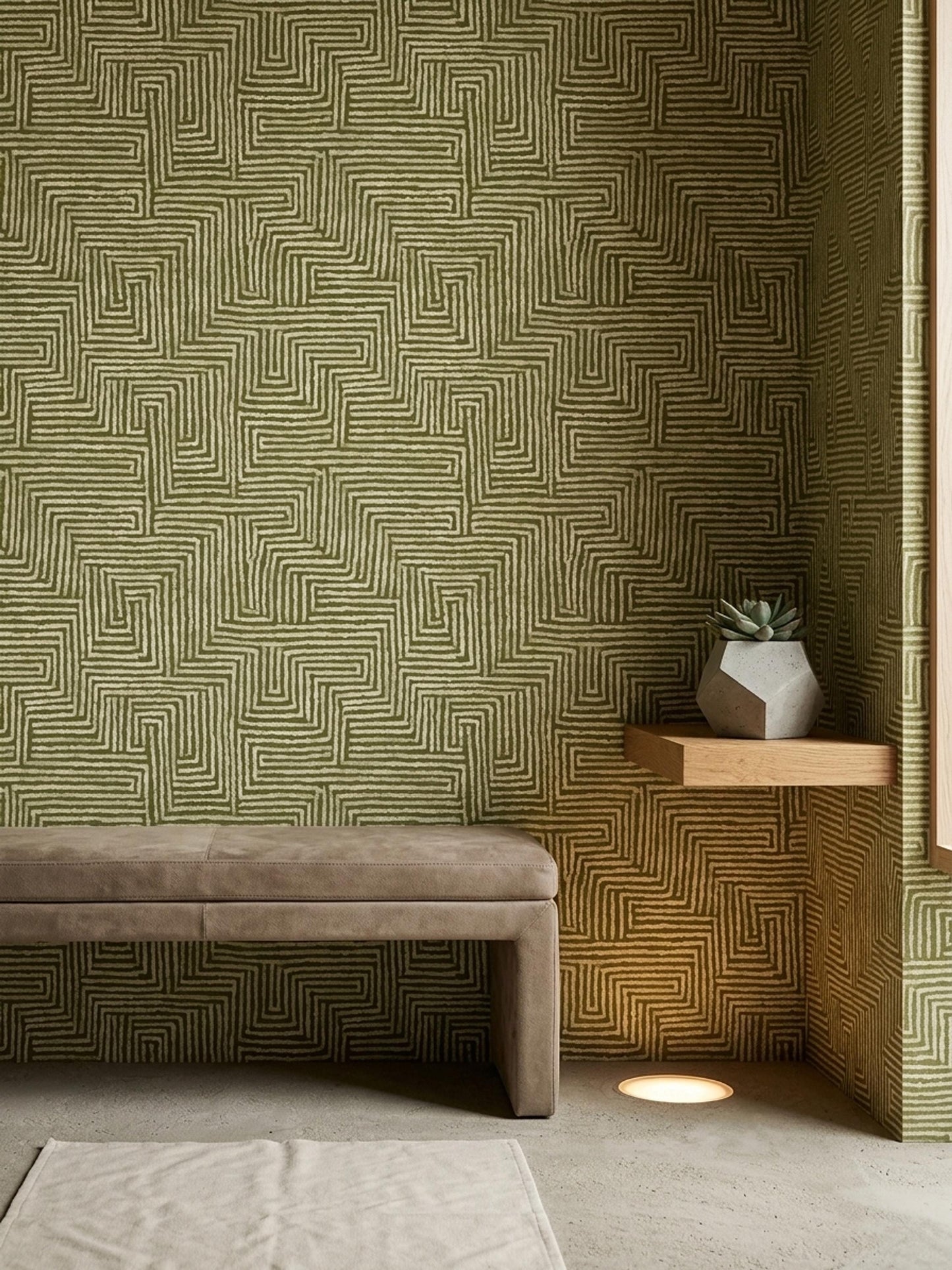 Olive Green Maze Wallpaper Geometric Labyrinth Pattern Modern Organic Wall Decor