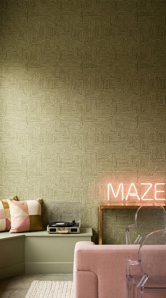 Olive Green Maze Wallpaper Geometric Labyrinth Pattern Modern Organic Wall Decor