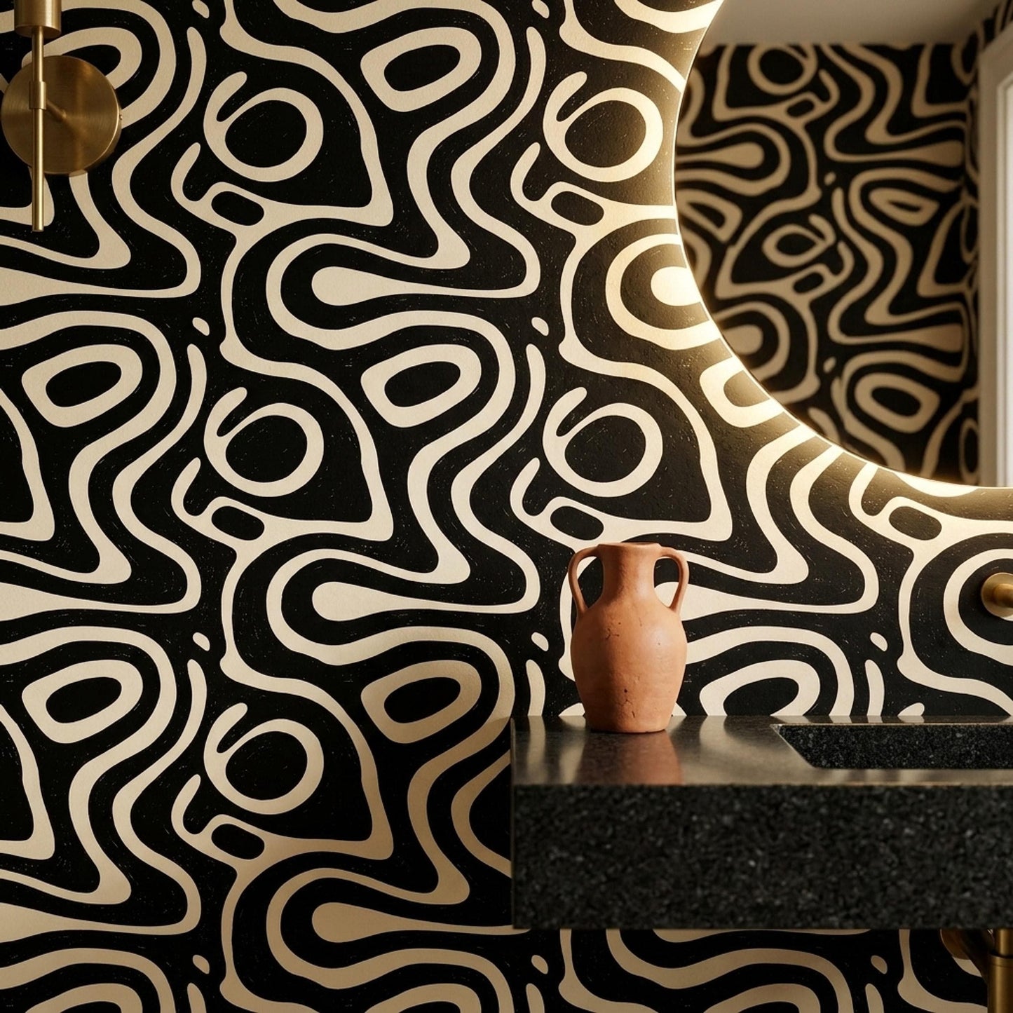 Black Abstract Wallpaper Organic Modern Pattern Retro Powder Room Statement Wall Decor