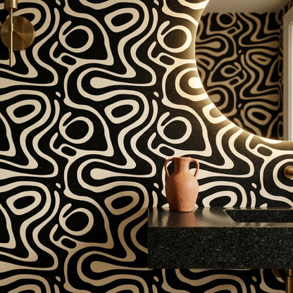 Black Abstract Wallpaper Organic Modern Pattern Retro Powder Room Statement Wall Decor