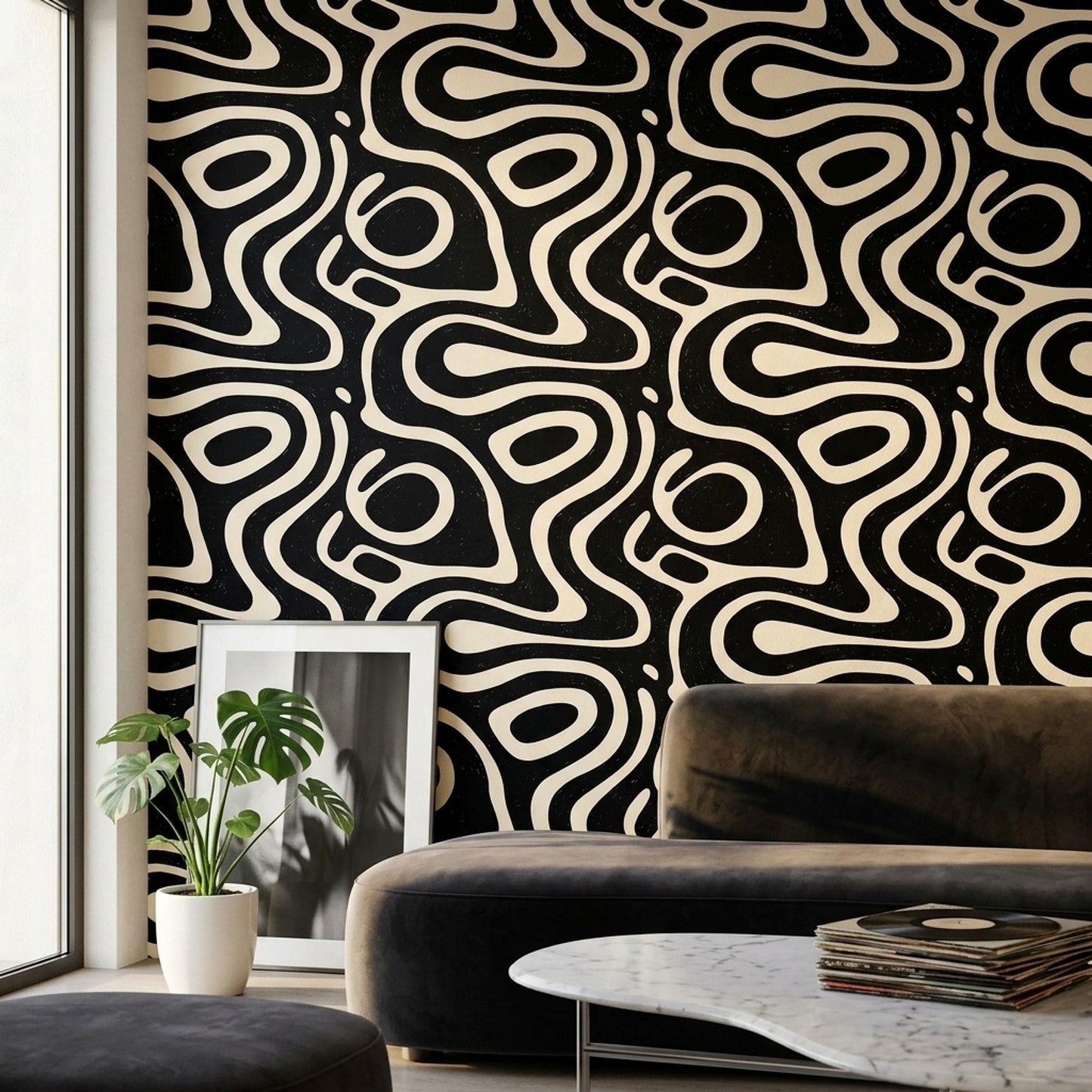 Black Abstract Wallpaper Organic Modern Pattern Retro Powder Room Statement Wall Decor