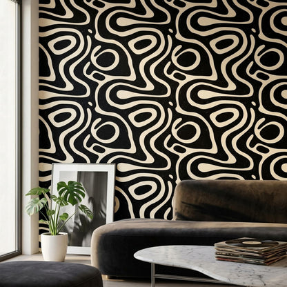 Black Abstract Wallpaper Organic Modern Pattern Retro Powder Room Statement Wall Decor