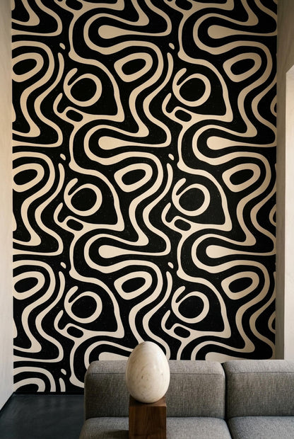 Black Abstract Wallpaper Organic Modern Pattern Retro Powder Room Statement Wall Decor