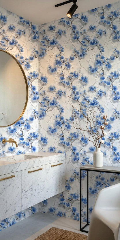 Blue Cherry Blossom Wallpaper Chinoiserie Floral Pattern Japanese Garden Wall Decor