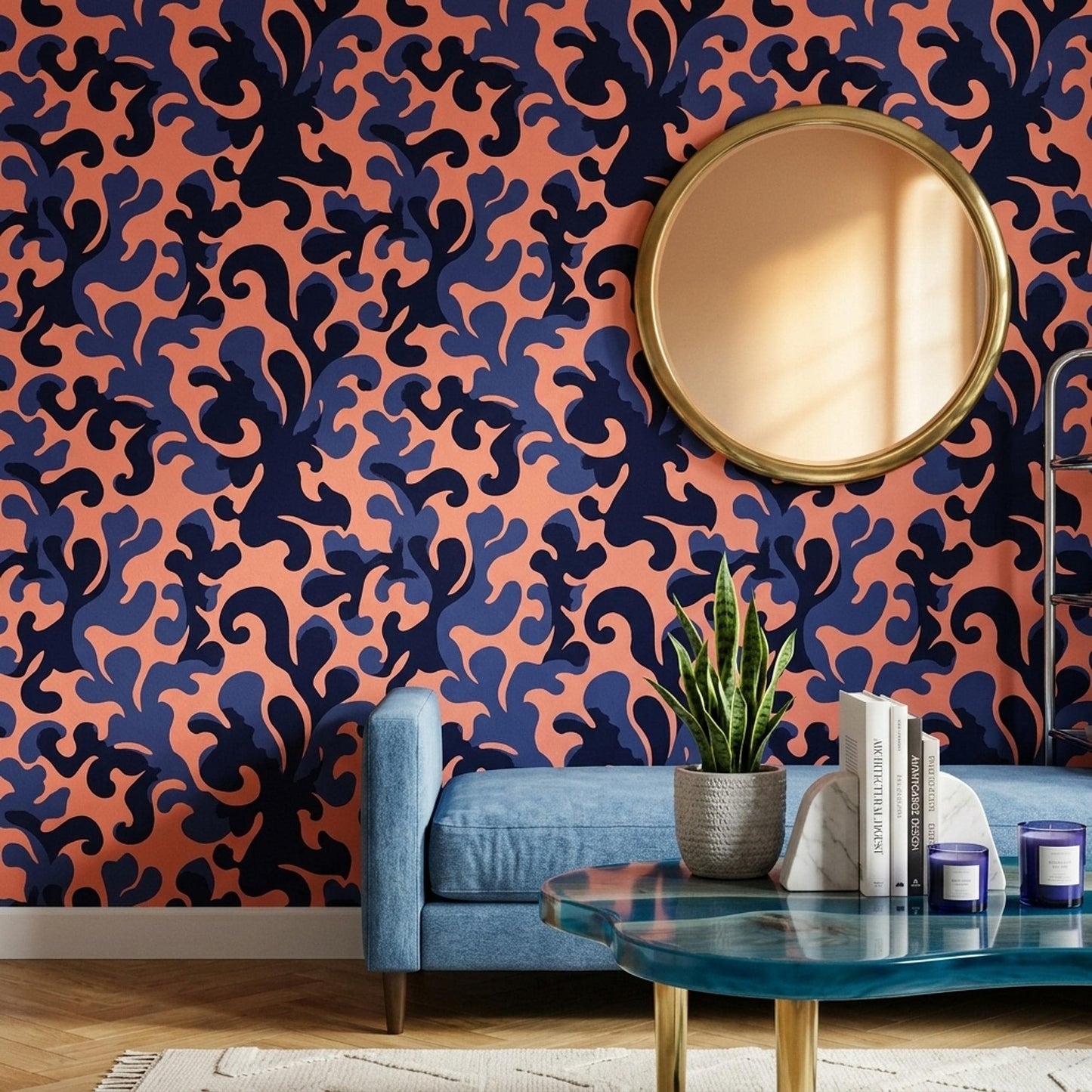 Navy Coral Abstract Wallpaper Bold Maximalist Pattern Retro Luxury Wall Decor