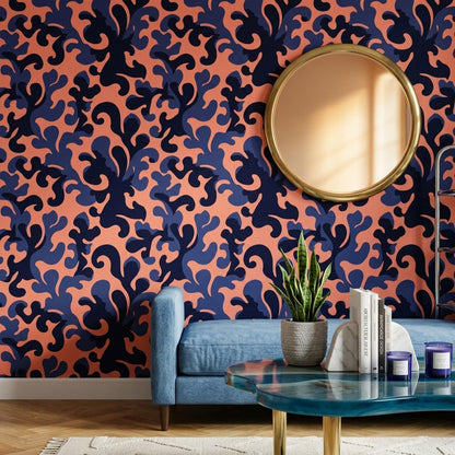 Navy Coral Abstract Wallpaper Bold Maximalist Pattern Retro Luxury Wall Decor