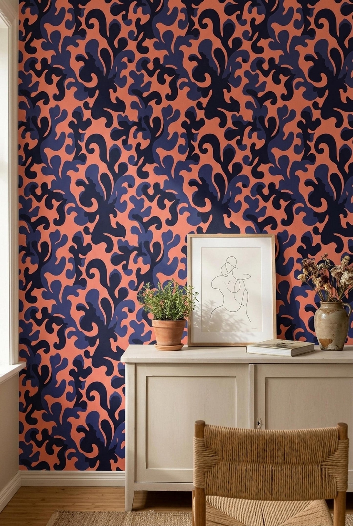Navy Coral Abstract Wallpaper Bold Maximalist Pattern Retro Luxury Wall Decor