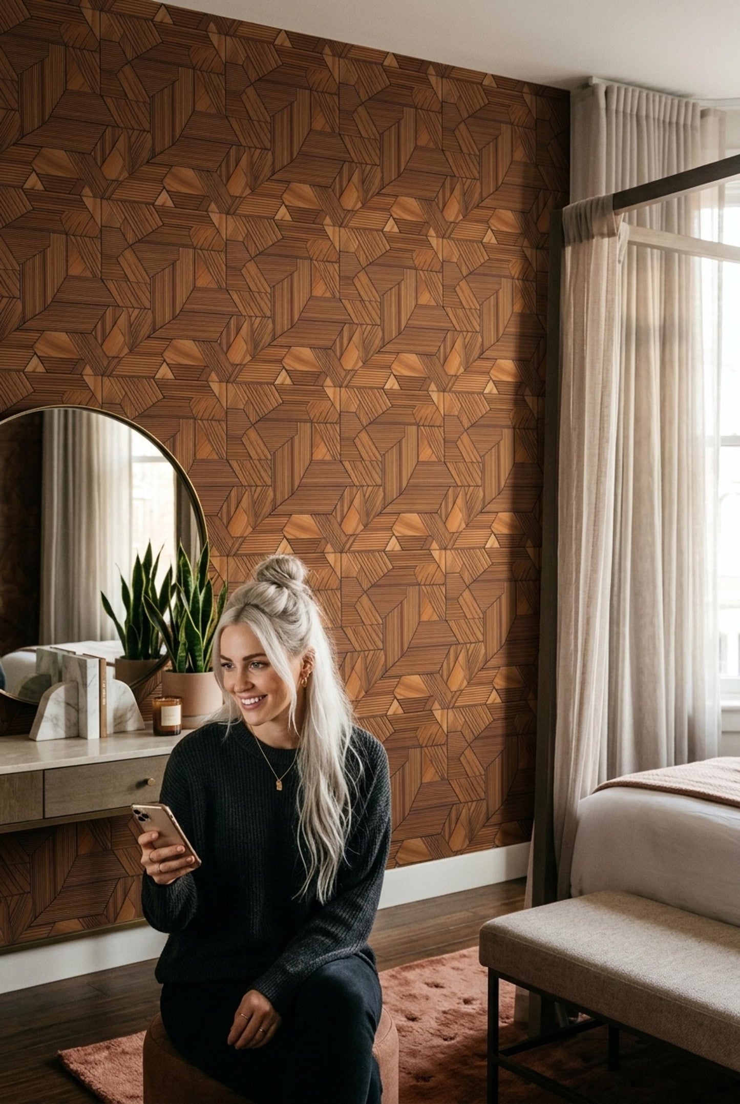 3D Wood Panel Wallpaper Geometric Walnut Pattern Modern Office Accent Wall Decor