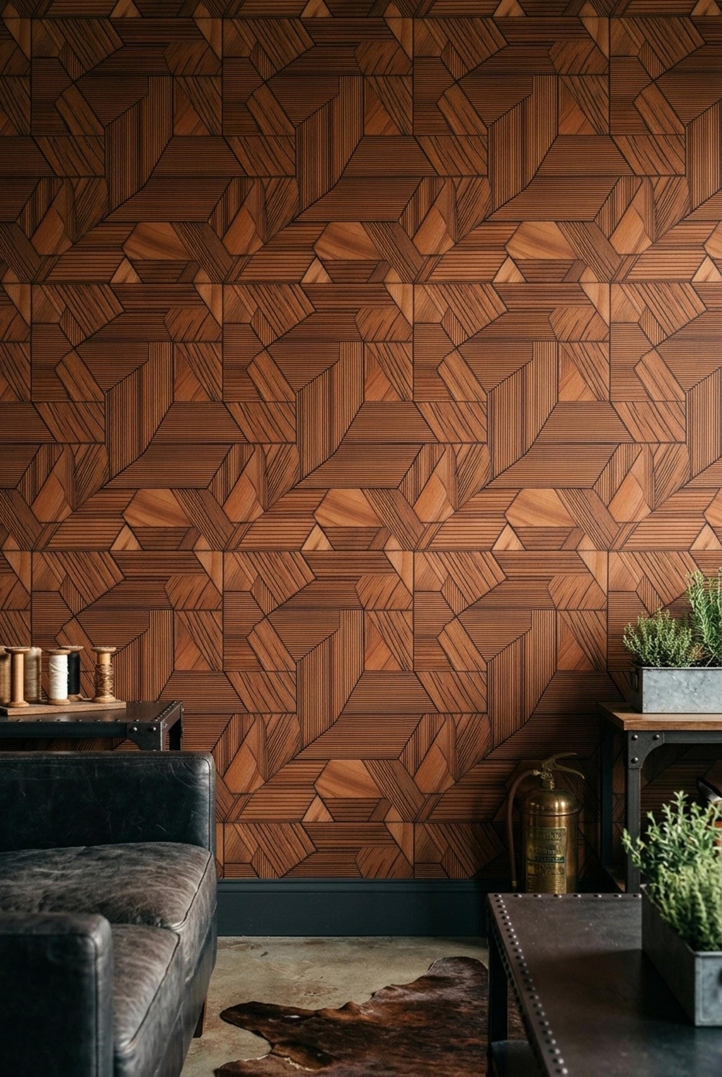 3D Wood Panel Wallpaper Geometric Walnut Pattern Modern Office Accent Wall Decor
