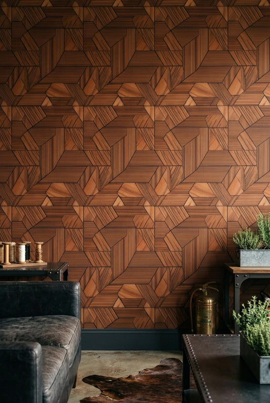 3D Wood Panel Wallpaper Geometric Walnut Pattern Modern Office Accent Wall Decor