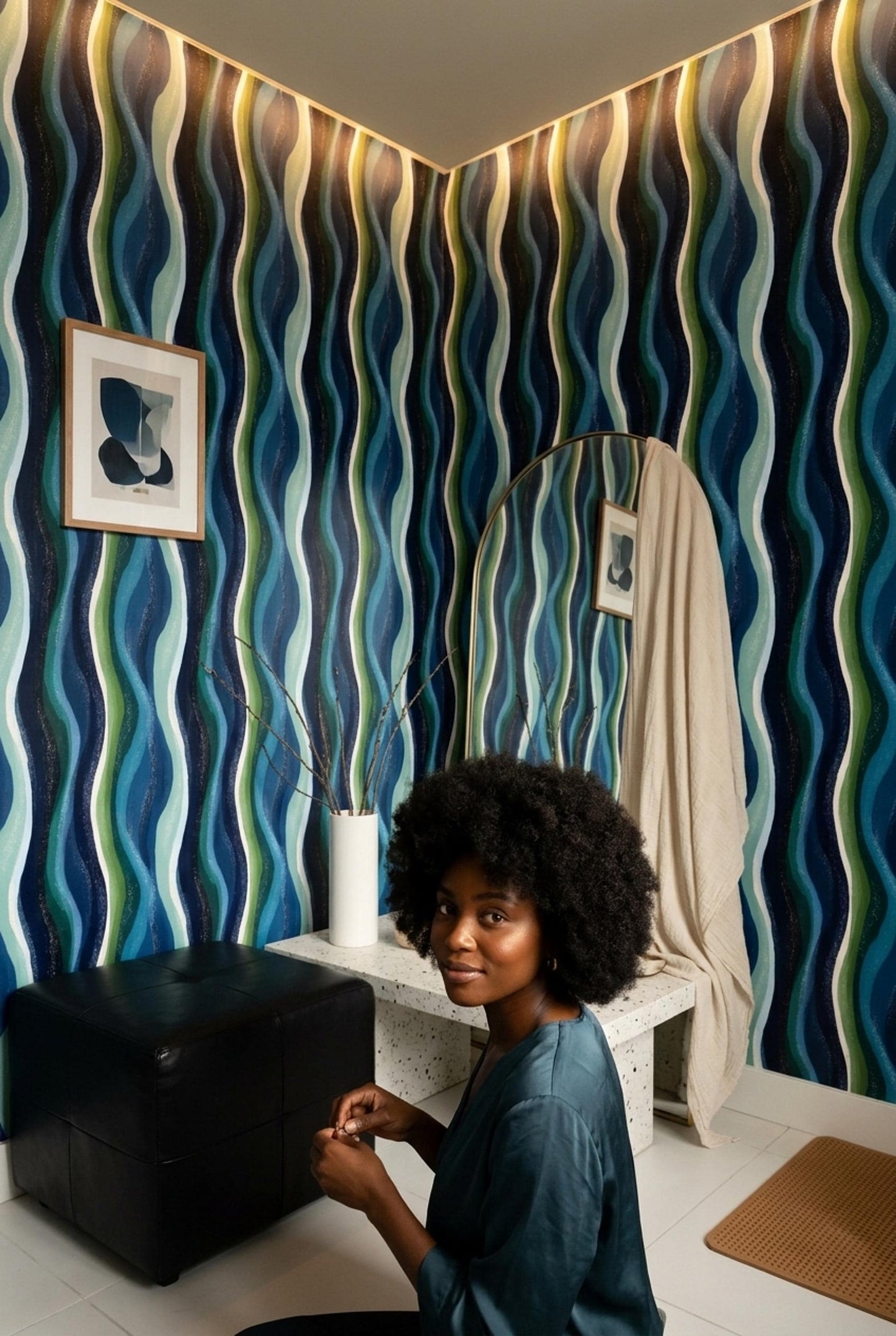Blue Green Wave Pattern Retro Modern Wall Decor Mid Century Coastal Accent Wall