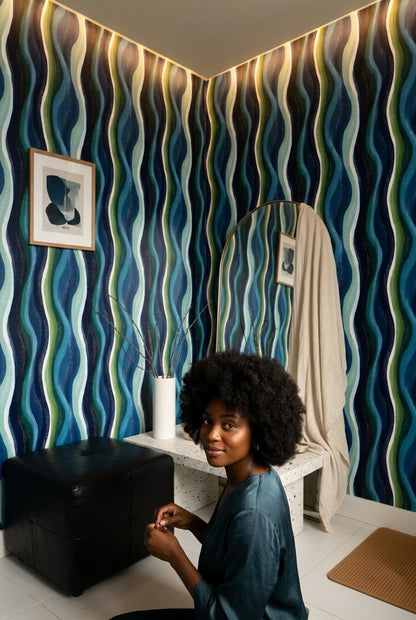 Blue Green Wave Pattern Retro Modern Wall Decor Mid Century Coastal Accent Wall