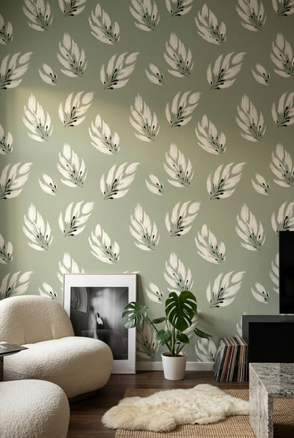 Sage Feather Wallpaper Scandinavian Nature Decor Minimal Botanical Accent Wall