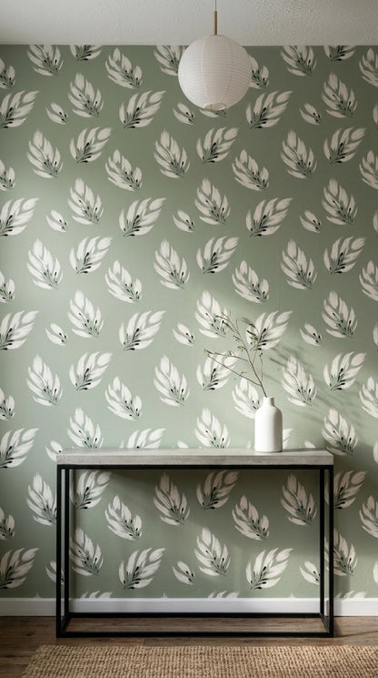 Sage Feather Wallpaper Scandinavian Nature Decor Minimal Botanical Accent Wall