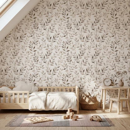 Neutral Botanical Wallpaper Soft Beige Leaf Pattern Organic Modern Wall Decor