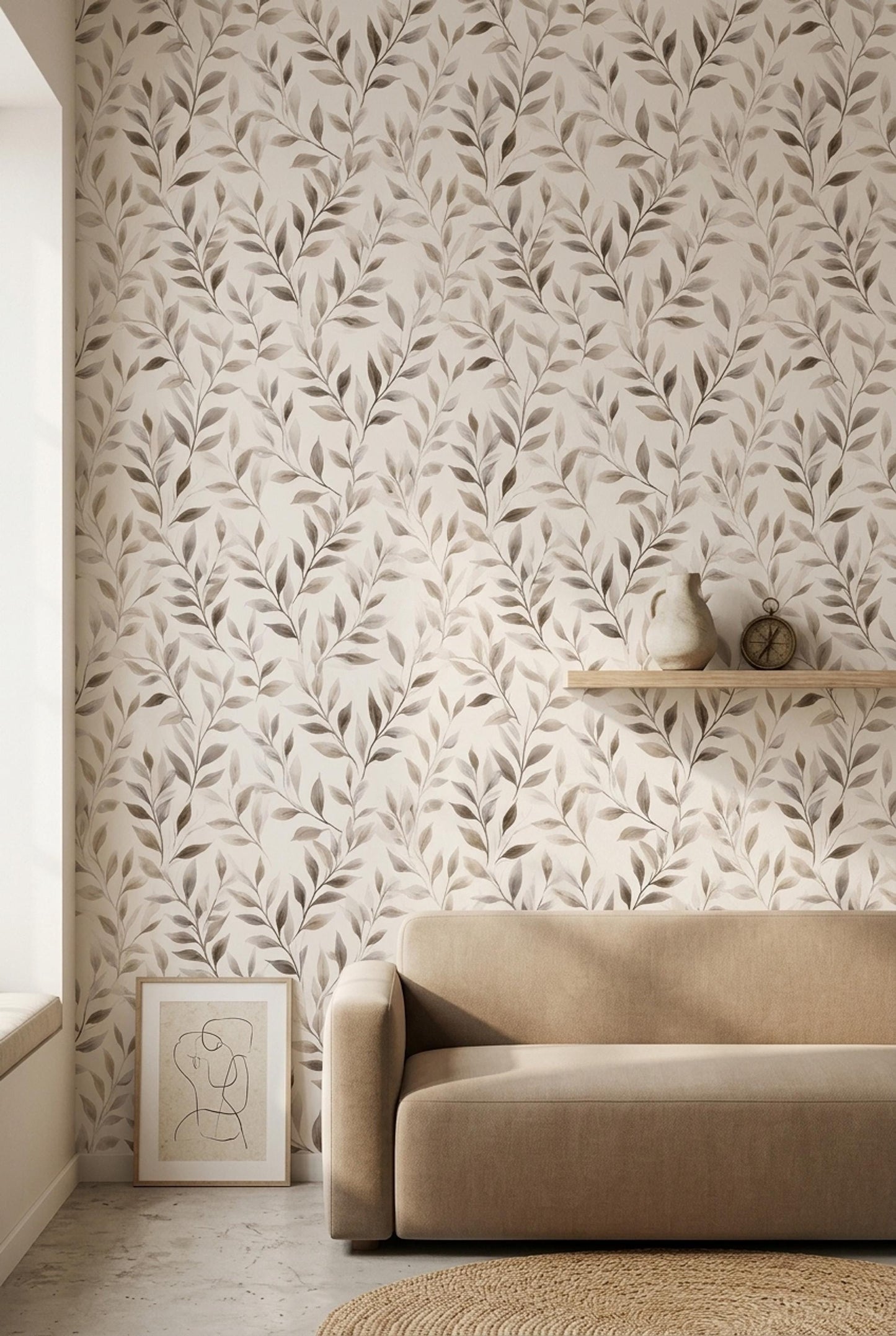Neutral Botanical Wallpaper Soft Beige Leaf Pattern Organic Modern Wall Decor