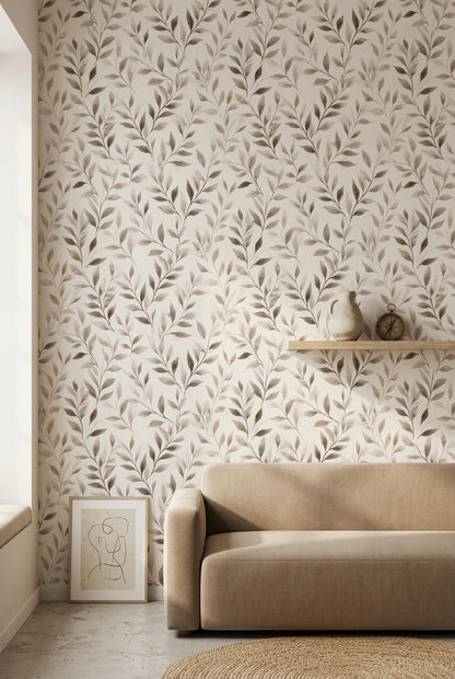 Neutral Botanical Wallpaper Soft Beige Leaf Pattern Organic Modern Wall Decor