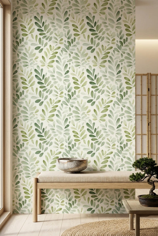 Sage Green Botanical Wallpaper Watercolor Leaf Pattern Japandi Organic Modern Decor