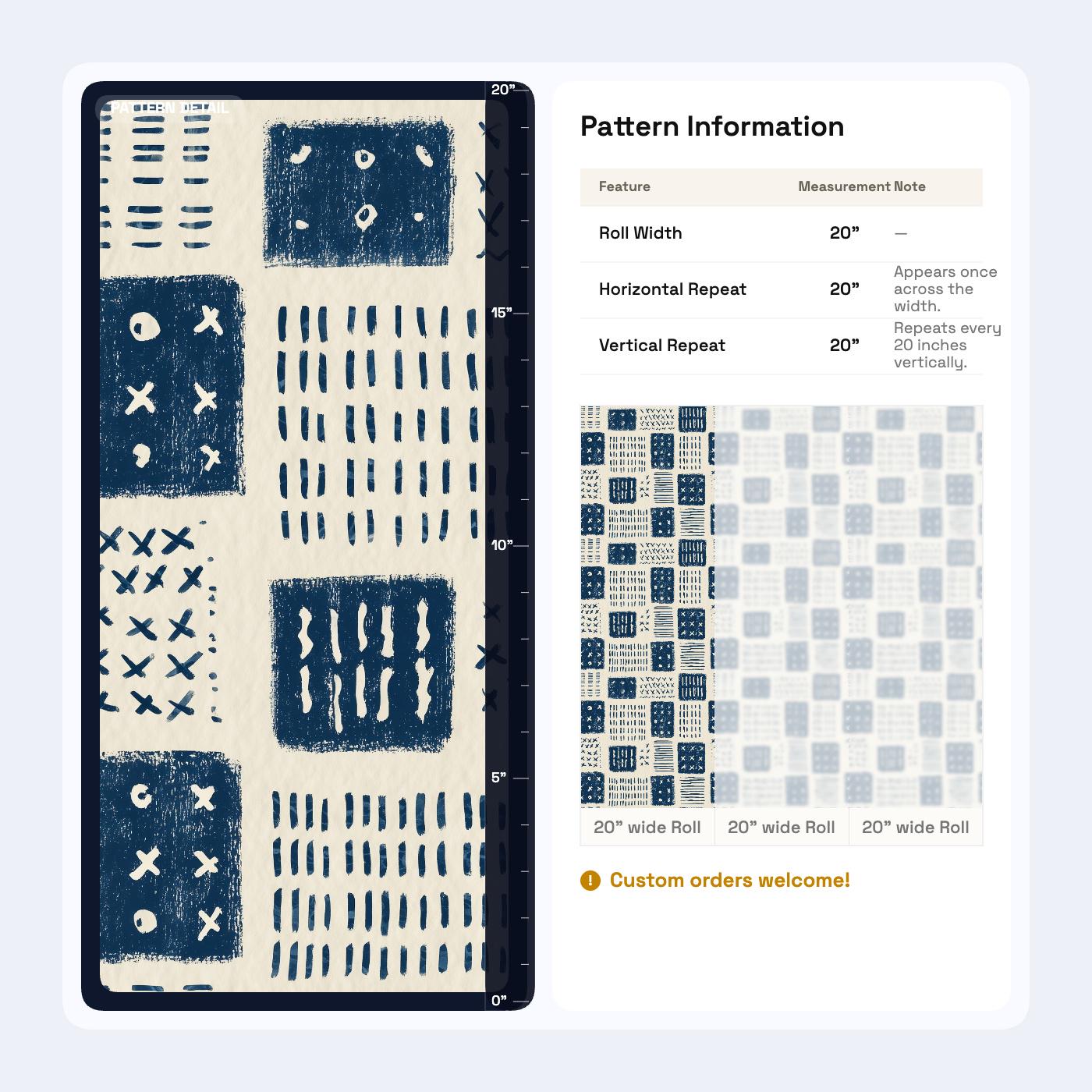Indigo Block Print Wallpaper Scandinavian Geometric Pattern Nordic Folk Art Decor