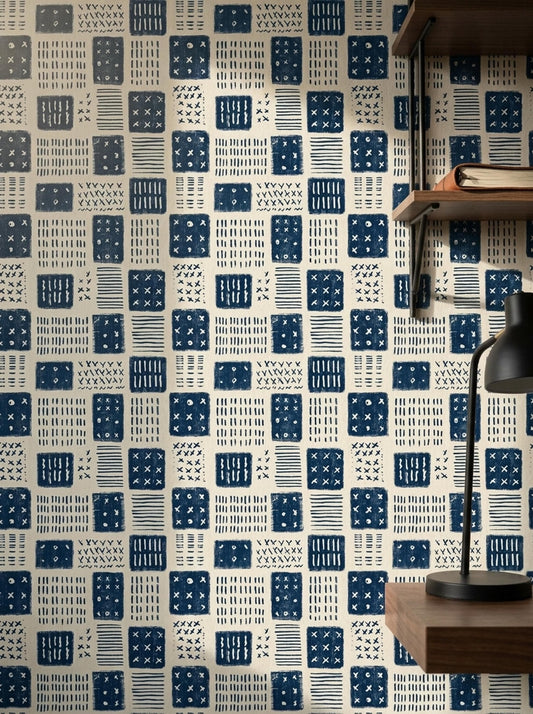 Indigo Block Print Wallpaper Scandinavian Geometric Pattern Nordic Folk Art Decor
