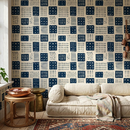 Indigo Block Print Wallpaper Scandinavian Geometric Pattern Nordic Folk Art Decor