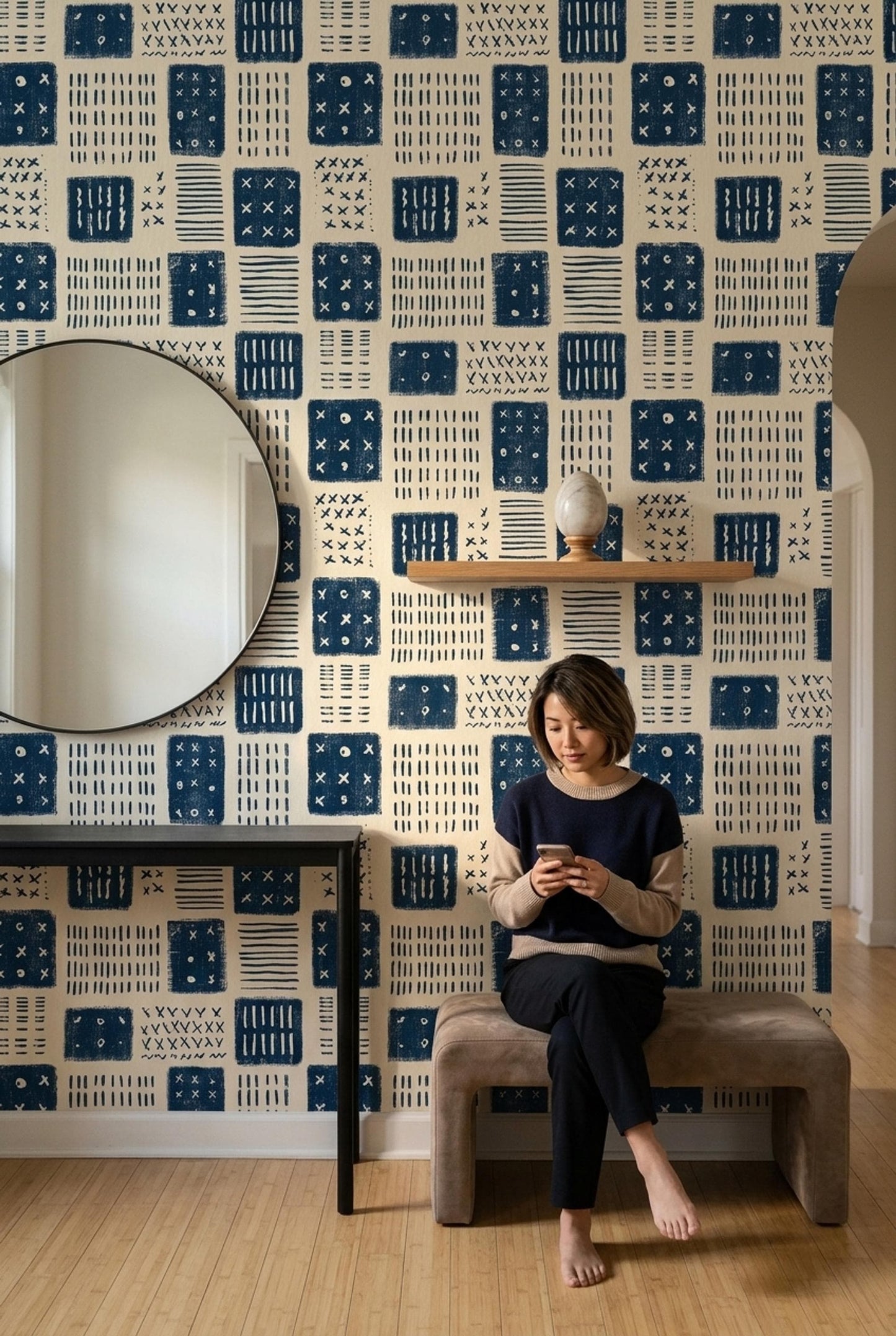 Indigo Block Print Wallpaper Scandinavian Geometric Pattern Nordic Folk Art Decor