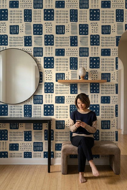 Indigo Block Print Wallpaper Scandinavian Geometric Pattern Nordic Folk Art Decor