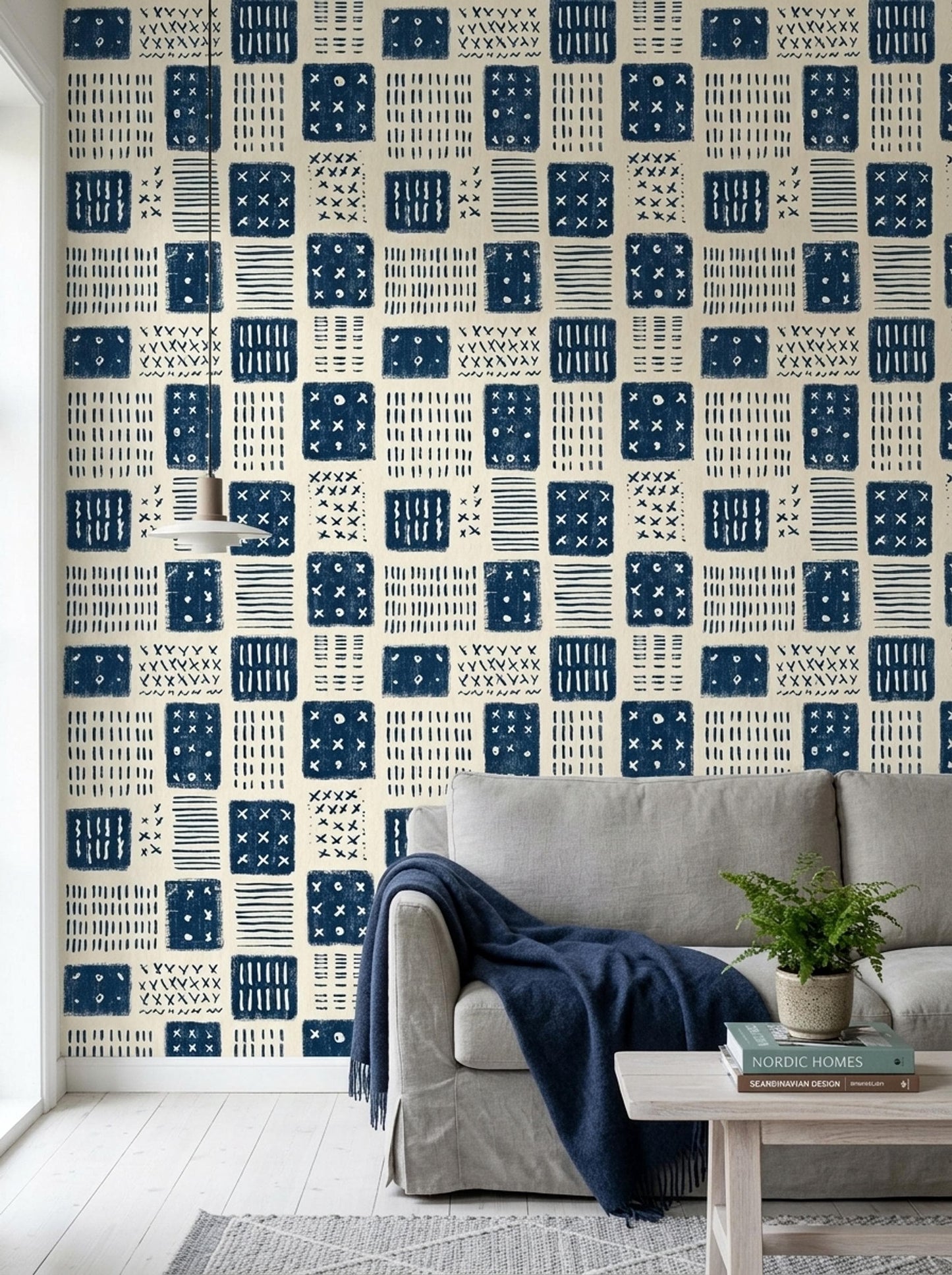 Indigo Block Print Wallpaper Scandinavian Geometric Pattern Nordic Folk Art Decor