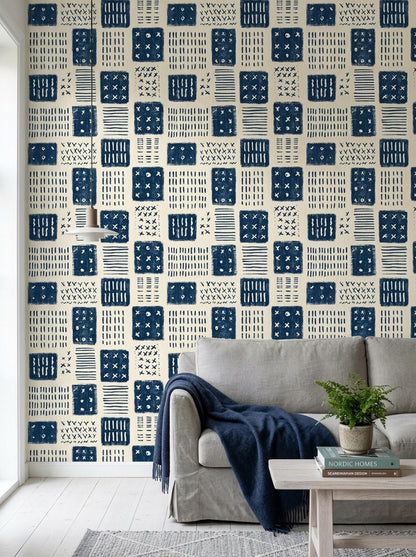 Indigo Block Print Wallpaper Scandinavian Geometric Pattern Nordic Folk Art Decor