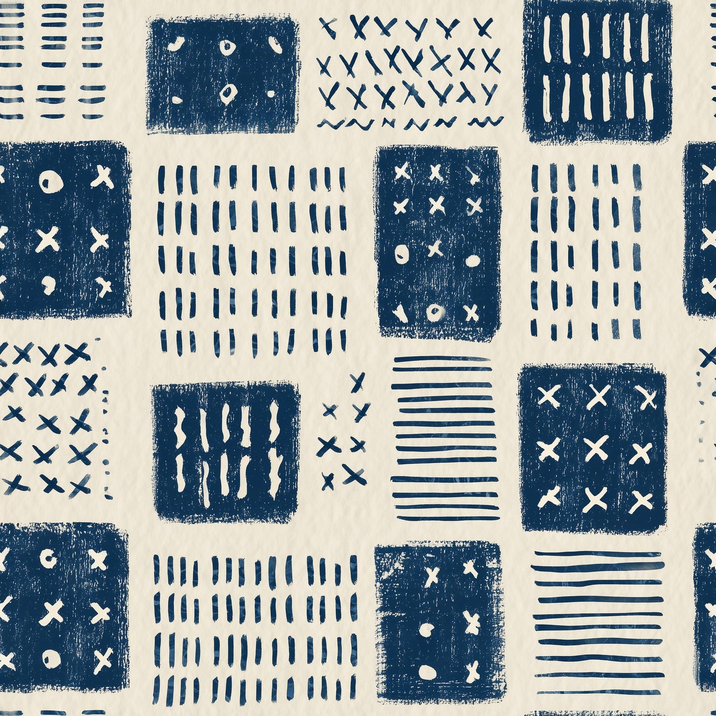 Indigo Block Print Wallpaper Scandinavian Geometric Pattern Nordic Folk Art Decor