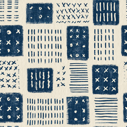Indigo Block Print Wallpaper Scandinavian Geometric Pattern Nordic Folk Art Decor