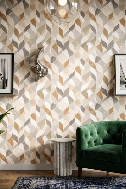 Neutral Botanical Wallpaper Japandi Leaf Pattern Scandinavian Organic Modern Decor