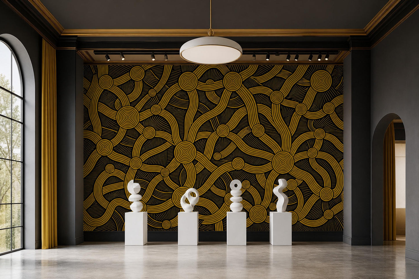 Abstract Concentric Circles Wall Mural Gold Black Geometric Statement Decor