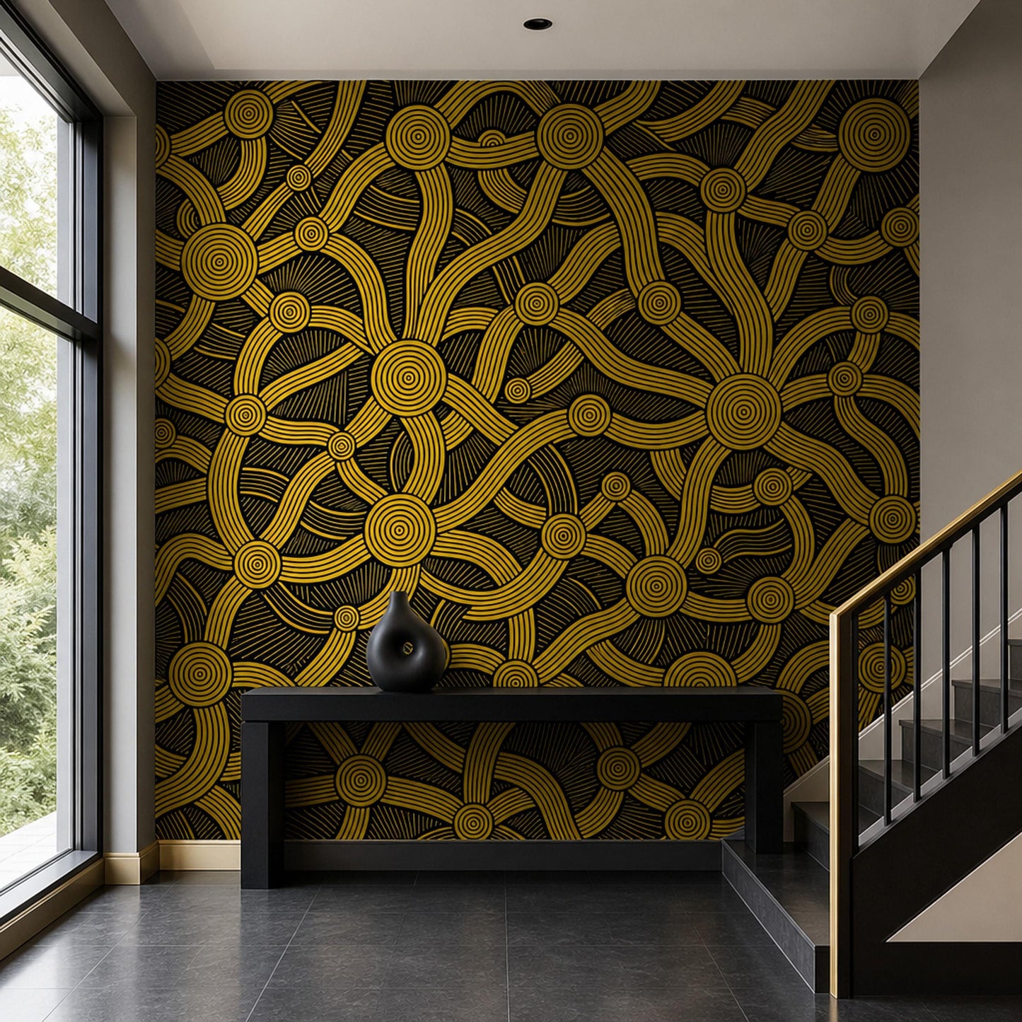 Abstract Concentric Circles Wall Mural Gold Black Geometric Statement Decor
