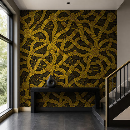 Abstract Concentric Circles Wall Mural Gold Black Geometric Statement Decor