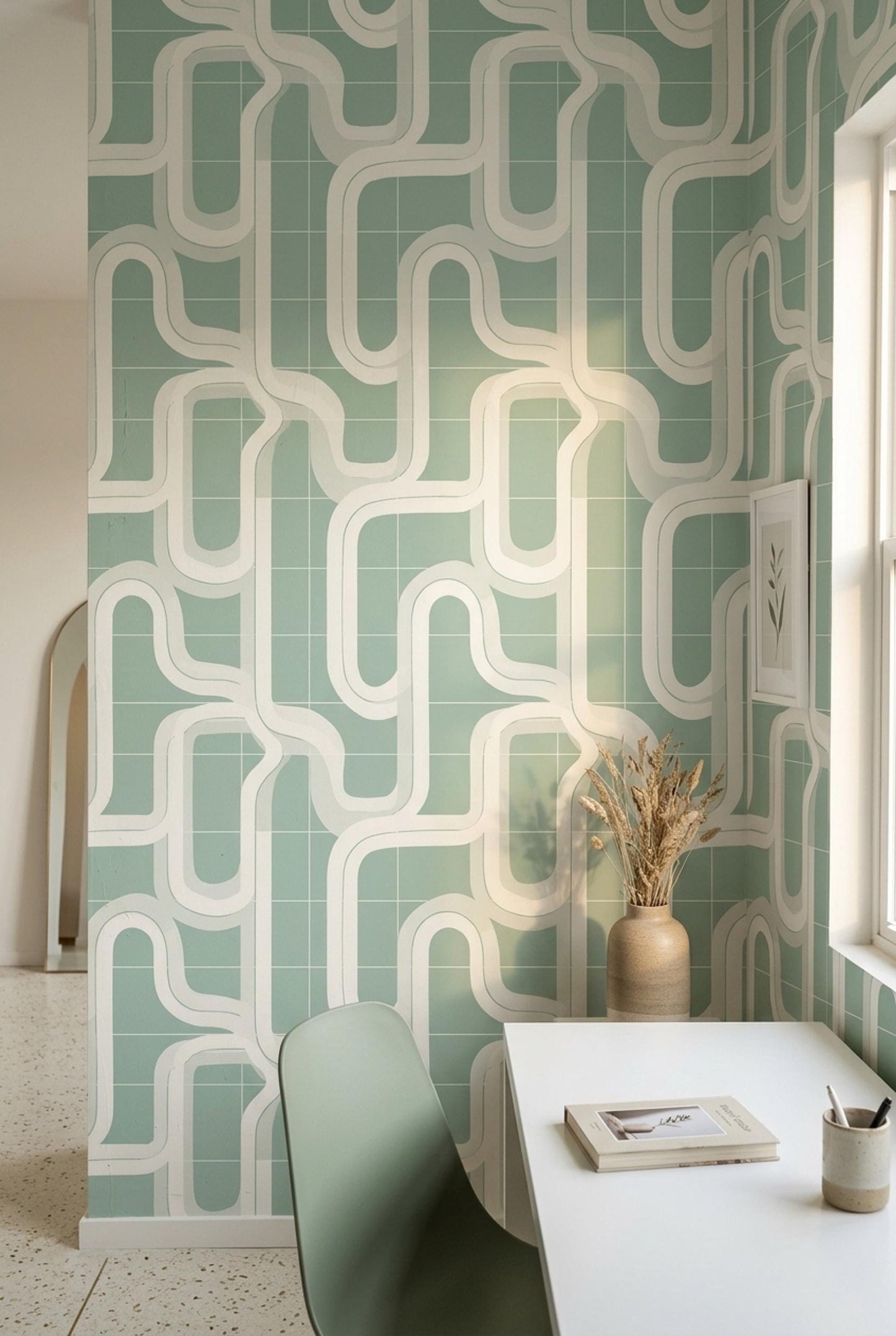 Retro Mint Geometric Wallpaper Mid Century Modern Abstract Grid Wall Decor