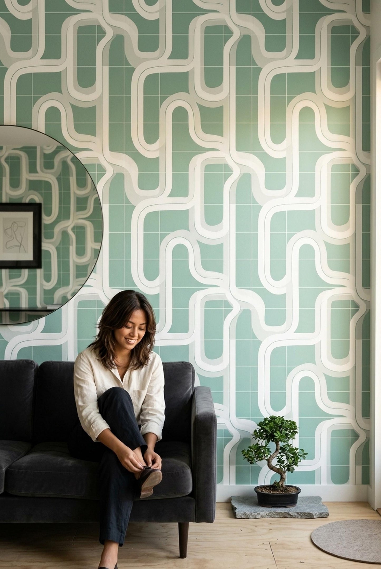 Retro Mint Geometric Wallpaper Mid Century Modern Abstract Grid Wall Decor
