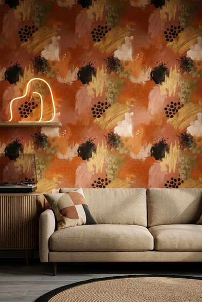 Burnt Orange Abstract Wallpaper Modern Expressionist Brushstroke Wall Decor