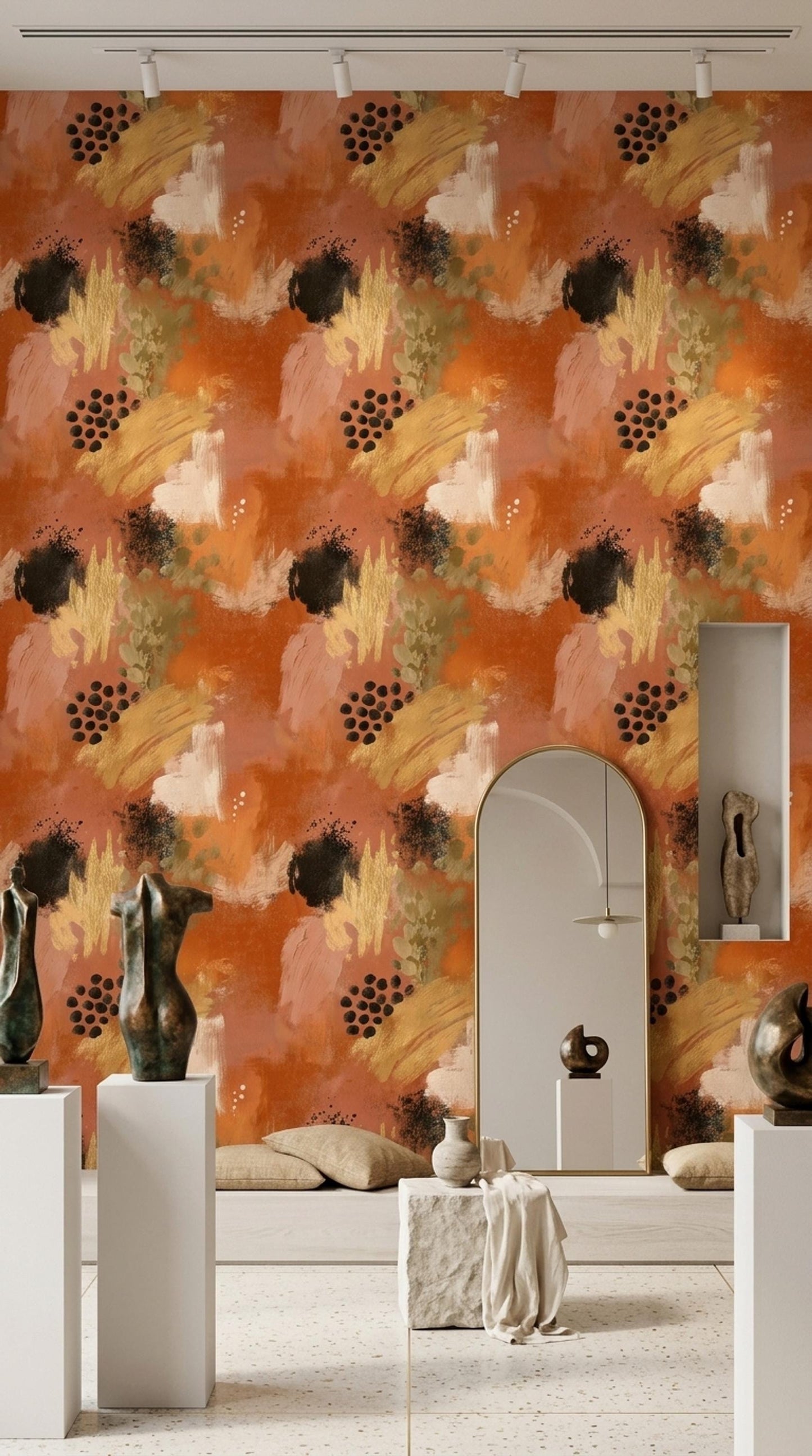 Burnt Orange Abstract Wallpaper Modern Expressionist Brushstroke Wall Decor