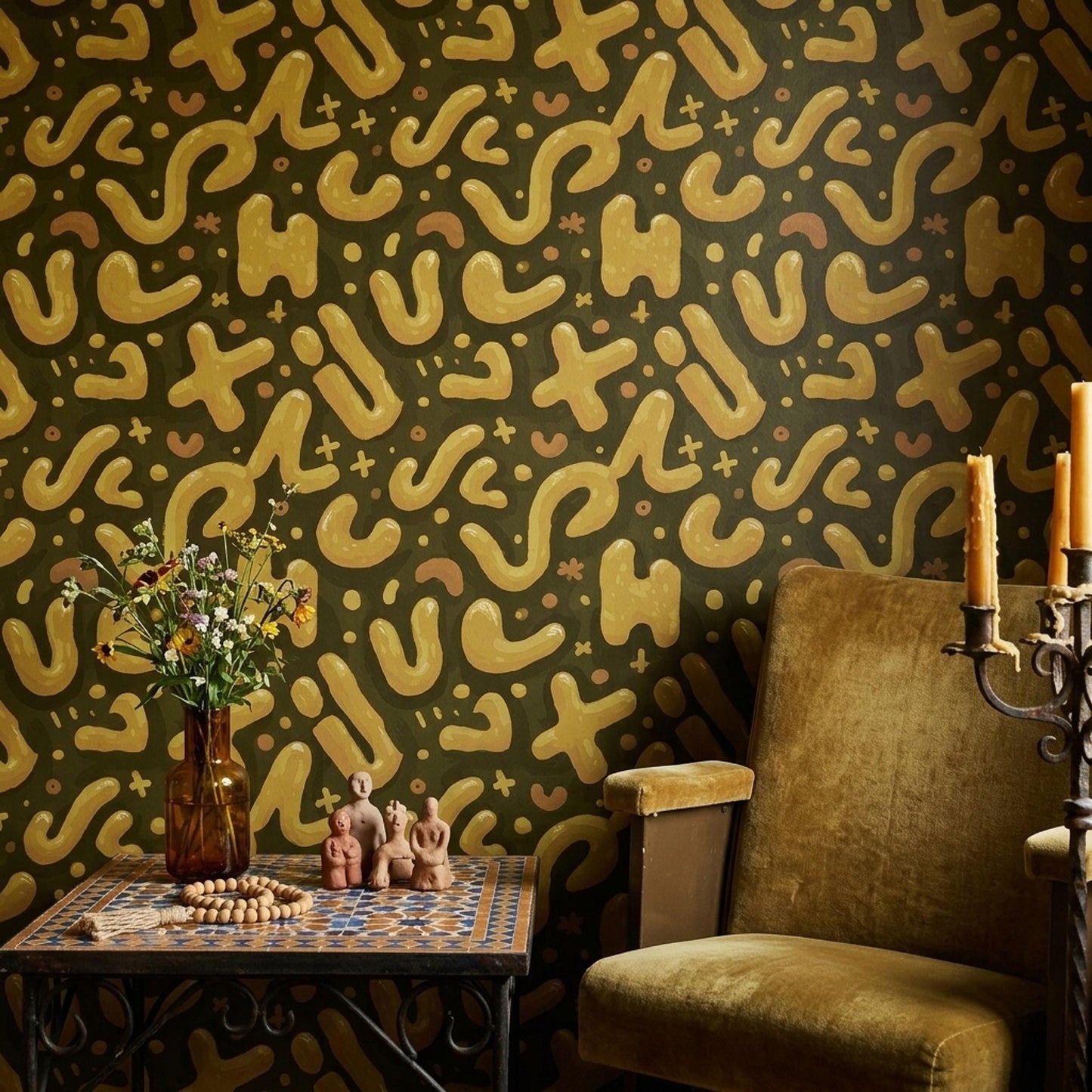Abstract Memphis Wallpaper Retro Organic Shapes Olive Gold Modern Pattern Wall Decor