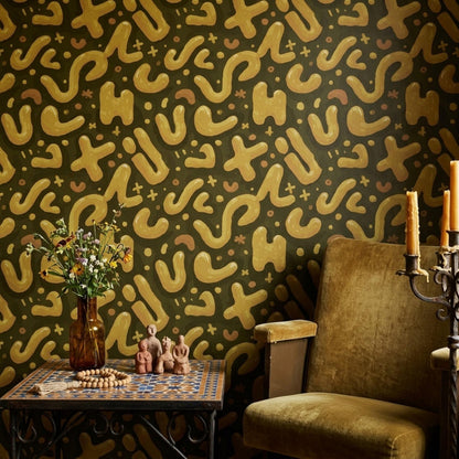 Abstract Memphis Wallpaper Retro Organic Shapes Olive Gold Modern Pattern Wall Decor