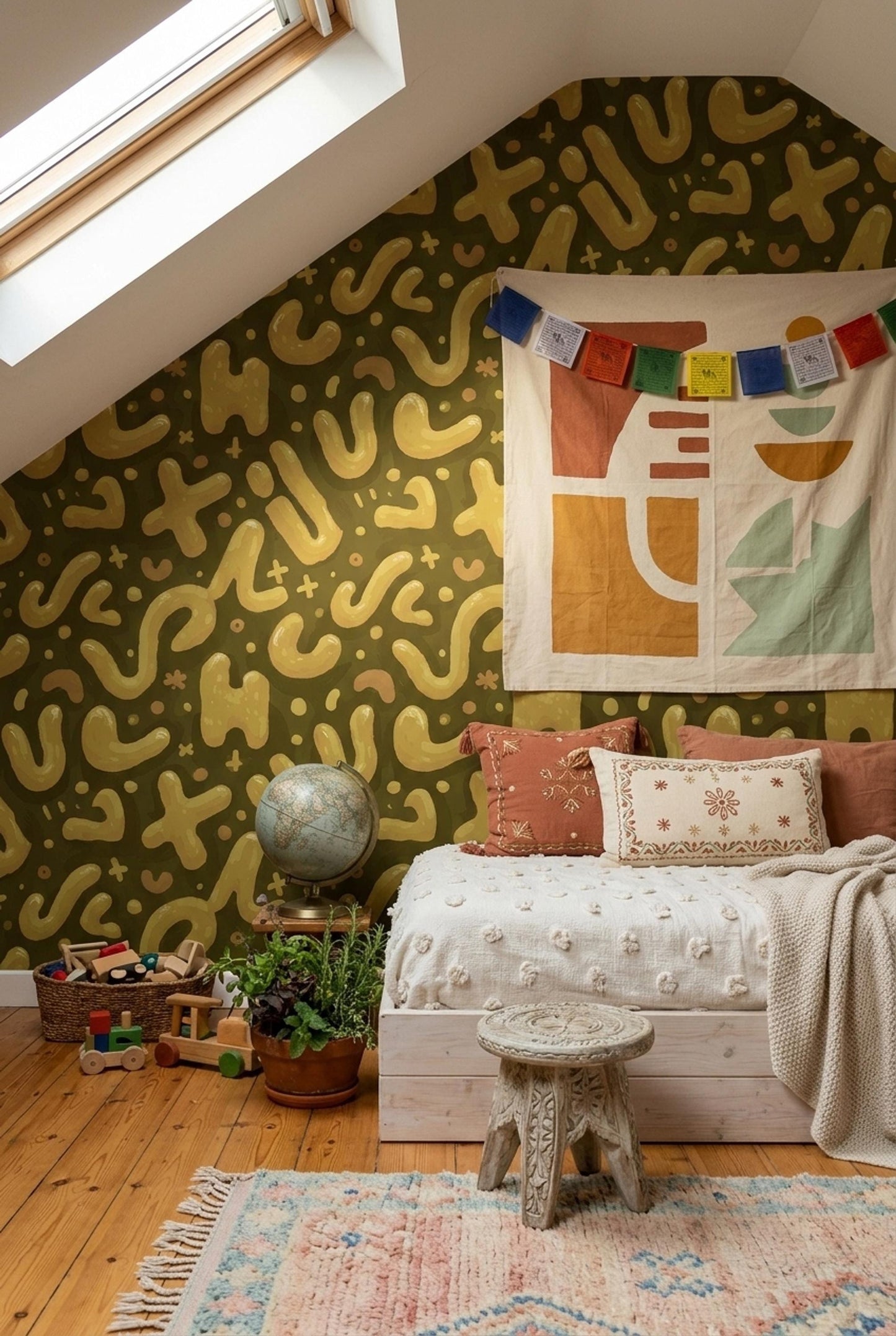 Abstract Memphis Wallpaper Retro Organic Shapes Olive Gold Modern Pattern Wall Decor
