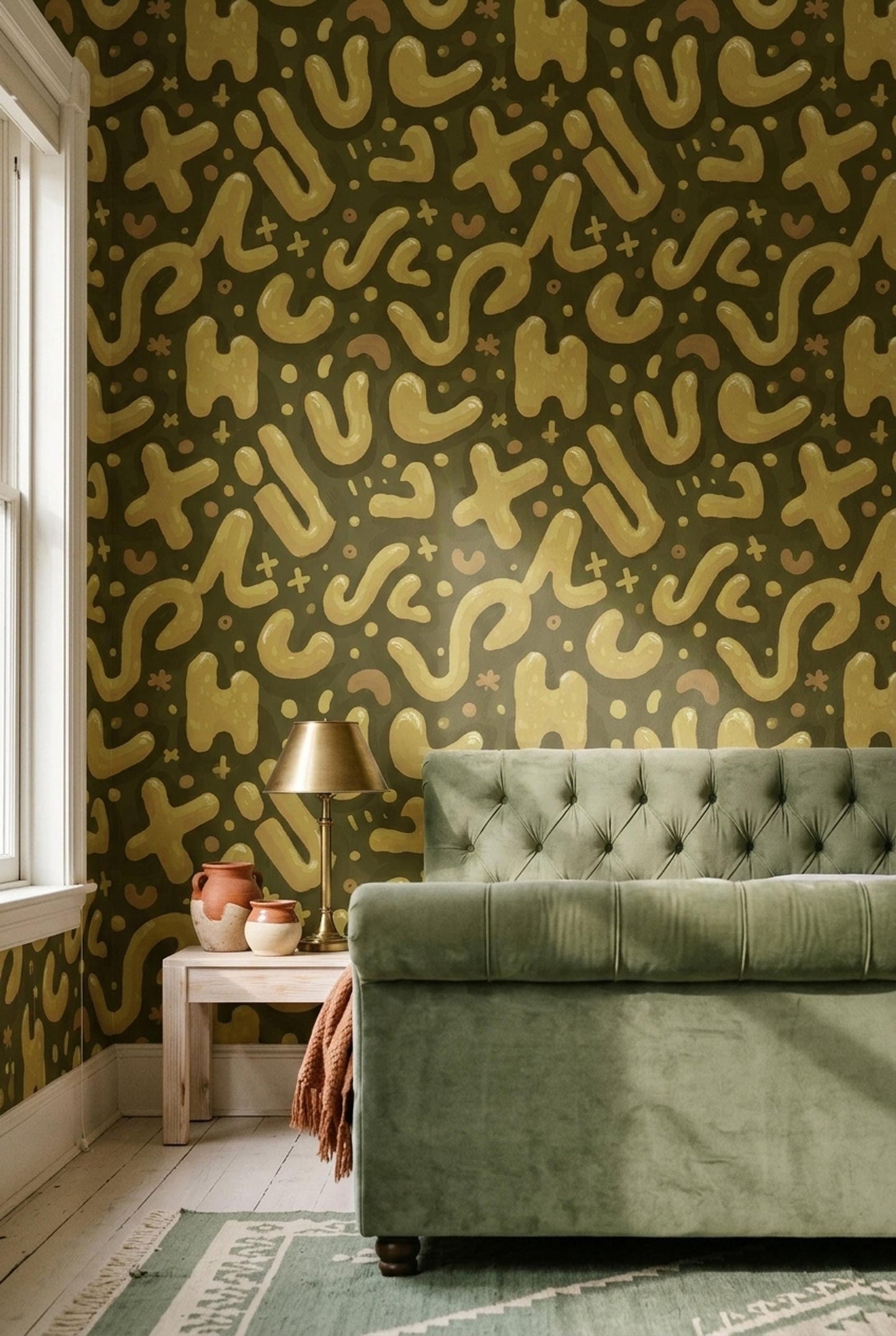 Abstract Memphis Wallpaper Retro Organic Shapes Olive Gold Modern Pattern Wall Decor