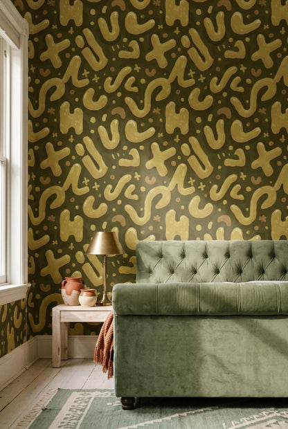 Abstract Memphis Wallpaper Retro Organic Shapes Olive Gold Modern Pattern Wall Decor
